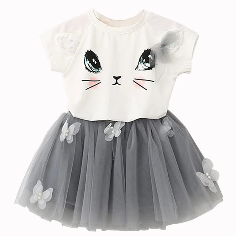 

Cartoon Kitty Printed with Net Veil Dress 2Pcs kids t shirts, Pink&yellow