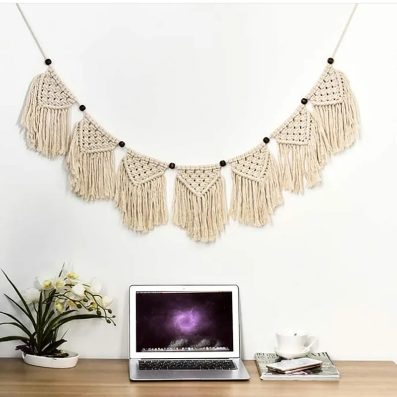 

Garland With Wood Beads Boho Wall Hanging Decor Tassel Banner For Home Decoration Nursery Room Party Supplies Classroom Decor, White