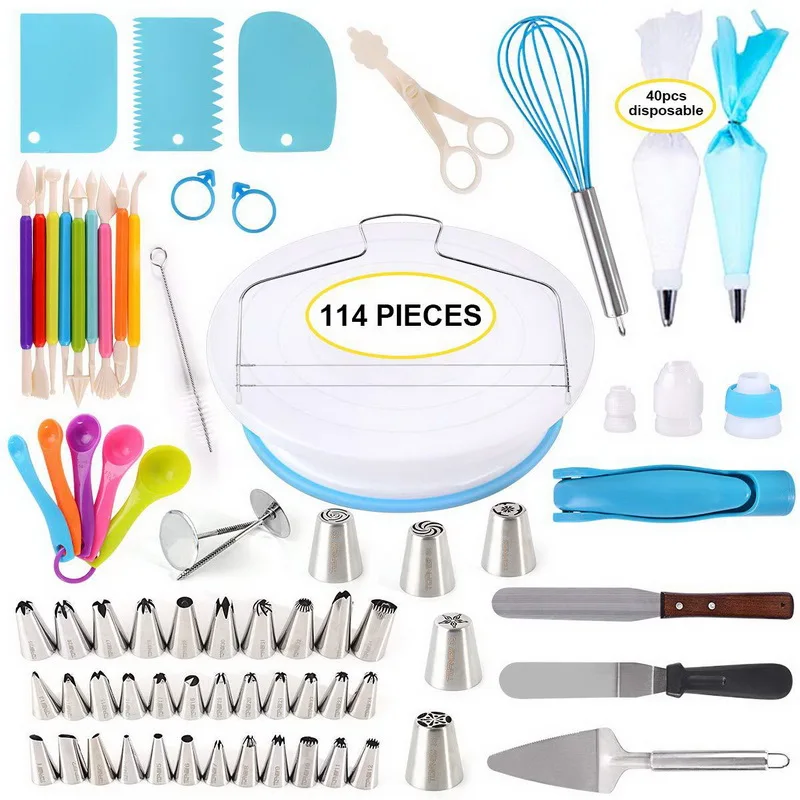 

114 pcs cake turntable decorating tip full set spatula spoon knife spatula scraper baking cake tools, As picture