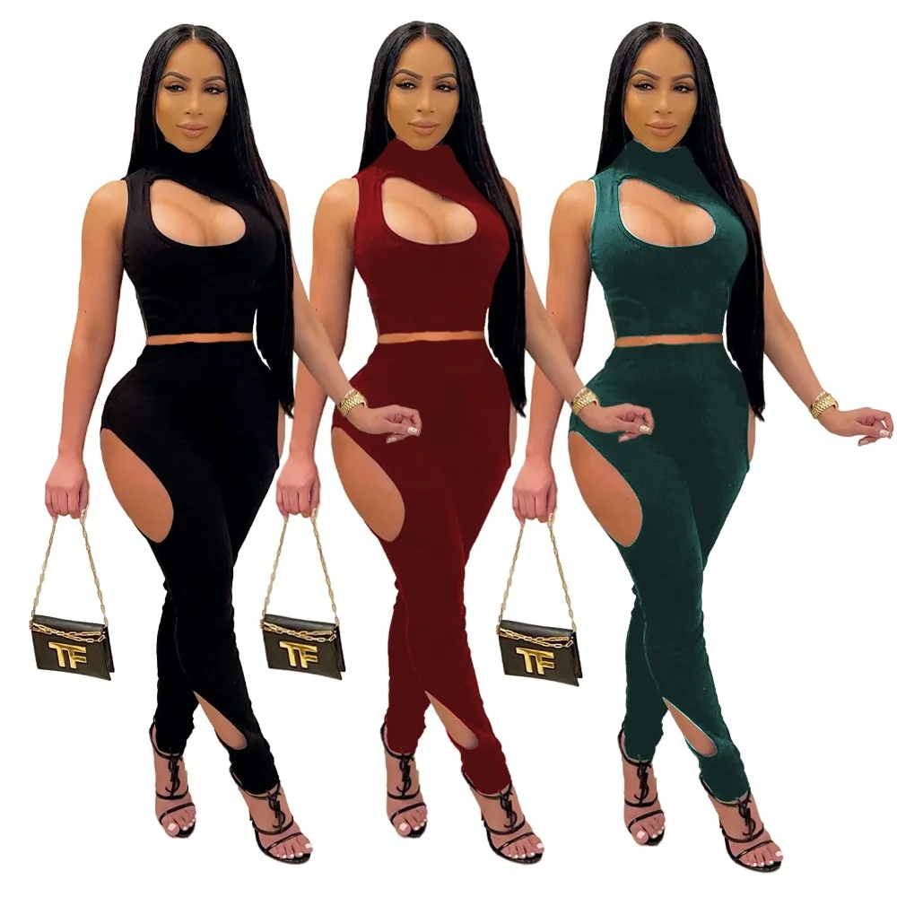 

MT230-9062 Hollow Out Sleeveless Bandage Crop Top High Waist Skinny Legging Women's Tracksuit 2 Piece Women Clothing Sets Casual