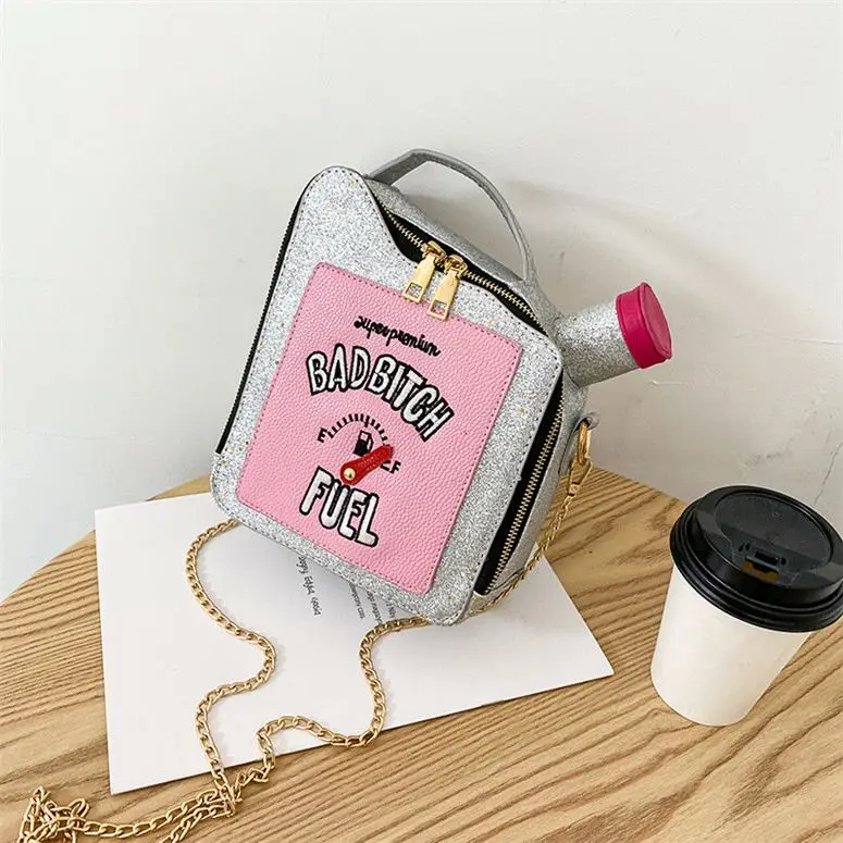 

Fun 2020 Fashion Embroidery Personality Letters Bad Gasoline Fuel Tank Shoulder Bottle Chain Bags Bag Lady purse