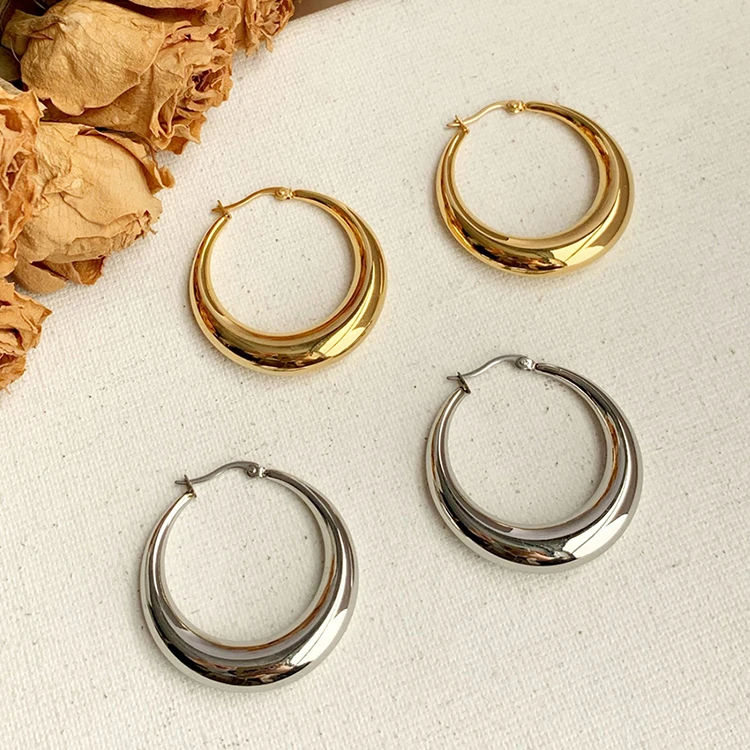 

New Trendy Chunky large Earrings shiny polished Open Hoops Earrings For all day stainless steel huggie earrings