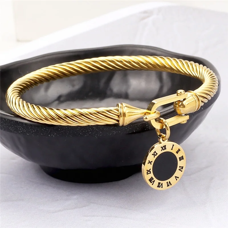 

Fashion Mens Gold Plated Adjustable Waterproof Stainless Steel Charm Twist Cable Wire Rope Open Bracelets Bangles Jewelry