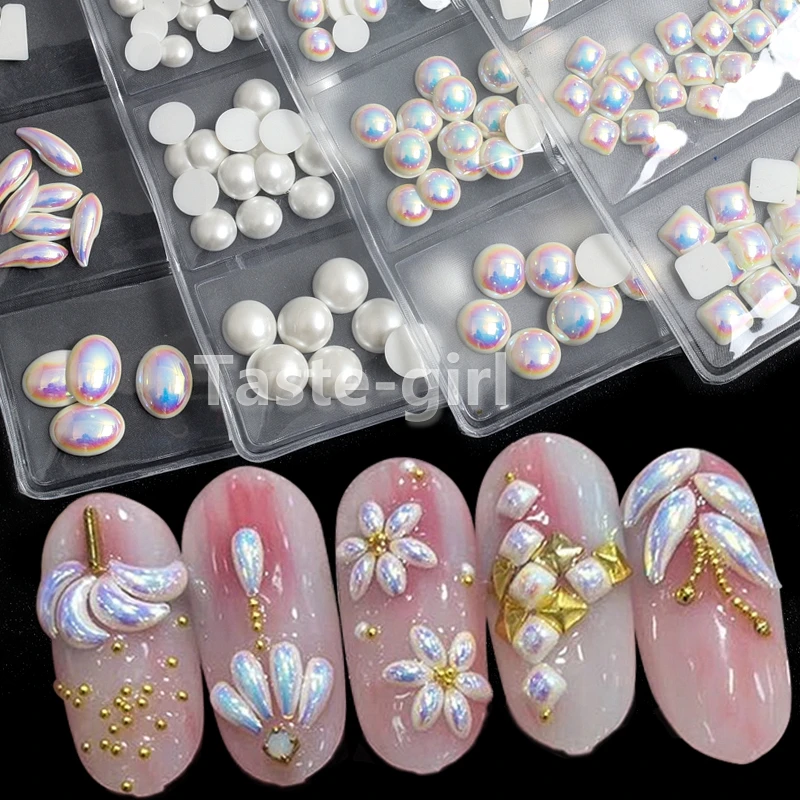 

1 Pack white ABS Pearls mixed design flat back 3D nail art decorations pearls rhinestones nails accessories stones