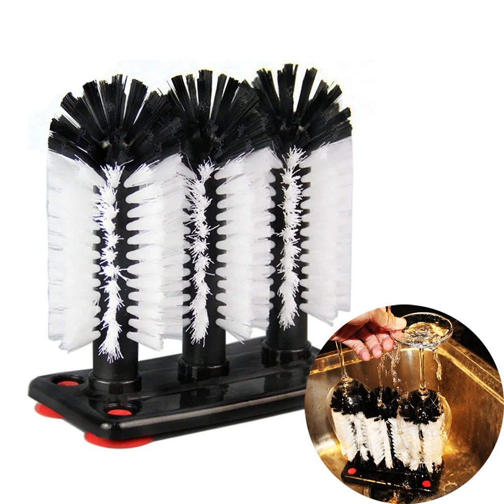 

Water Bottle Cleaning Brush Glass Cup Washer with Suction Base 3 Head Bristle Brushes for Beer Cup, Long Leg Cup, Red Wine Glass, As picture