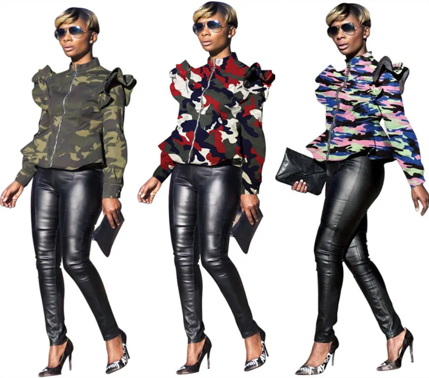 

QY5071 fashion camouflage army ruffle women jacket, Green\red\blue