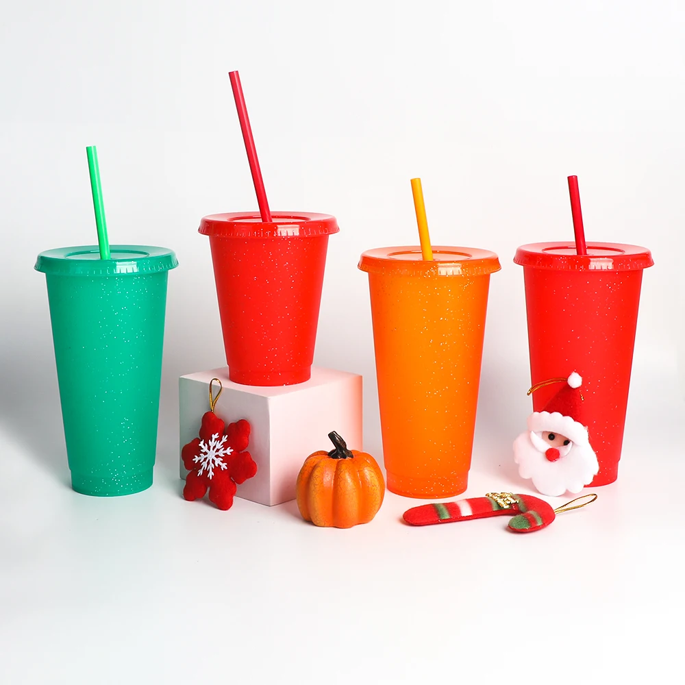 

24oz 710ml Plastic Juice Tumbler Reusable Glitter Frosted Plastic Iced Cold Cups With Lid And Straw