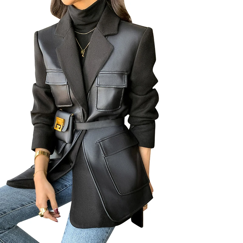 

TWOTWINSTYLE Streetwear Notched Collar Long Sleeve Patchwork Sashes Bag Women Jackets Coat 2023