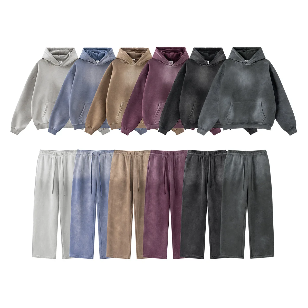 Men's 2025 Autumn Fashion Retro Distressed Spray-Dyed Fleece Set Loose Hoodie Sweatshirt Sweatpants Casual for Winter Trends