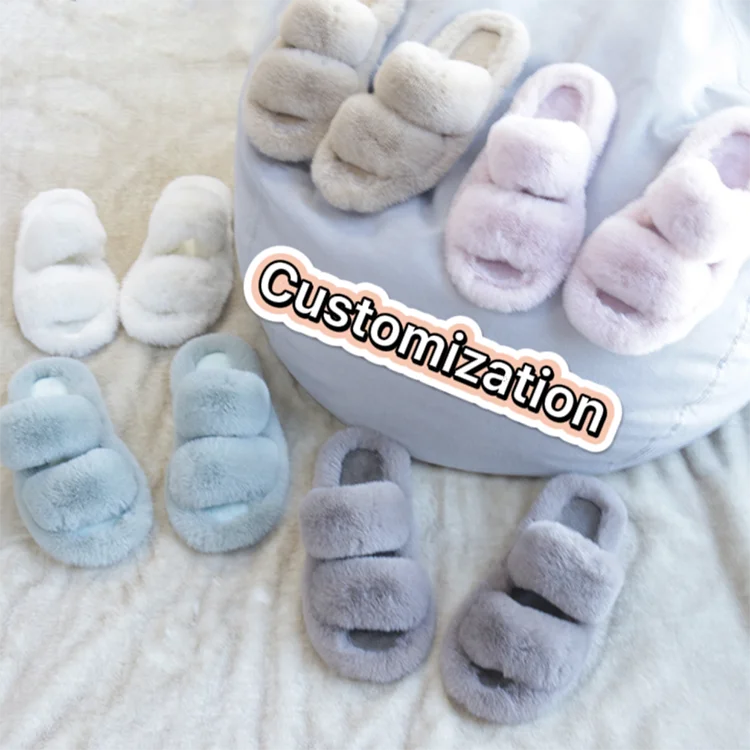 

Fashion Women Vegan Faux Fur Slides Open Toe Fluffy House Memory Foam Slide Women Winter Slippers