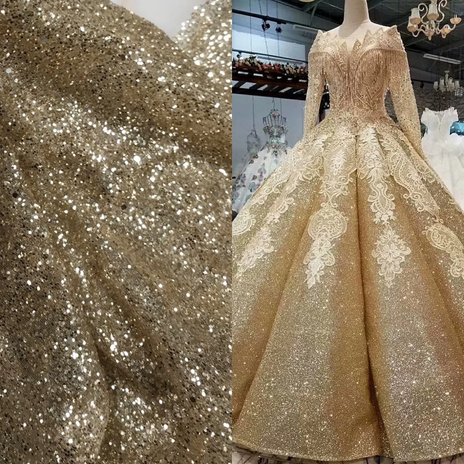 

Wholesale gold sparkle glitter fabric lace for evening gown, As pictured