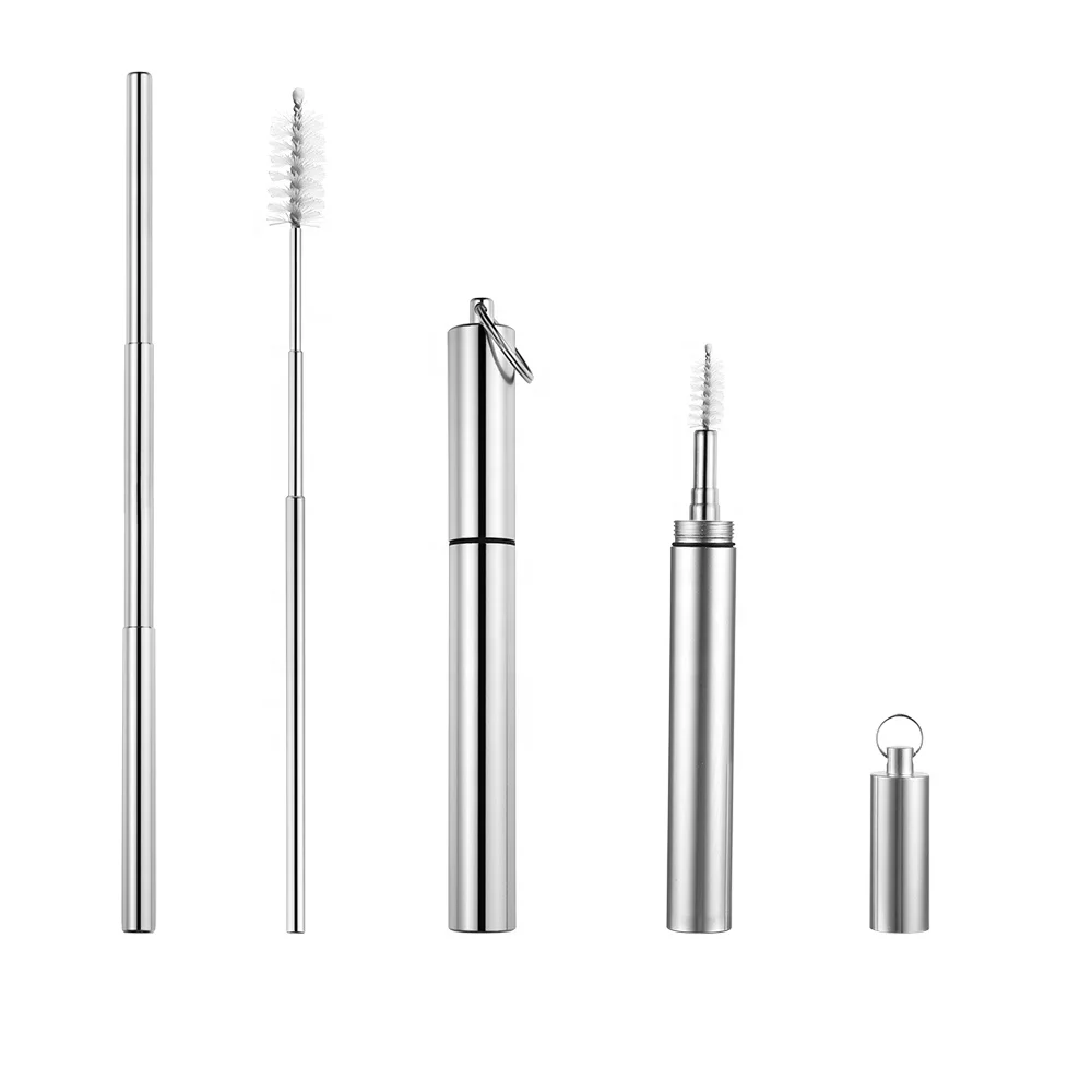 Telescopic Reusable Collapsible Straws Stainless Steel Metal Folding Drinking Straw with Travel Aluminum Case