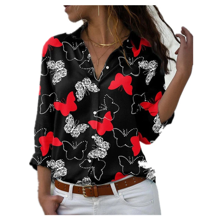 

2022 women butterfly printed blouse new fashion chic long sleeve shirts elegant lady flower printing chiffon tops plus size 5XL