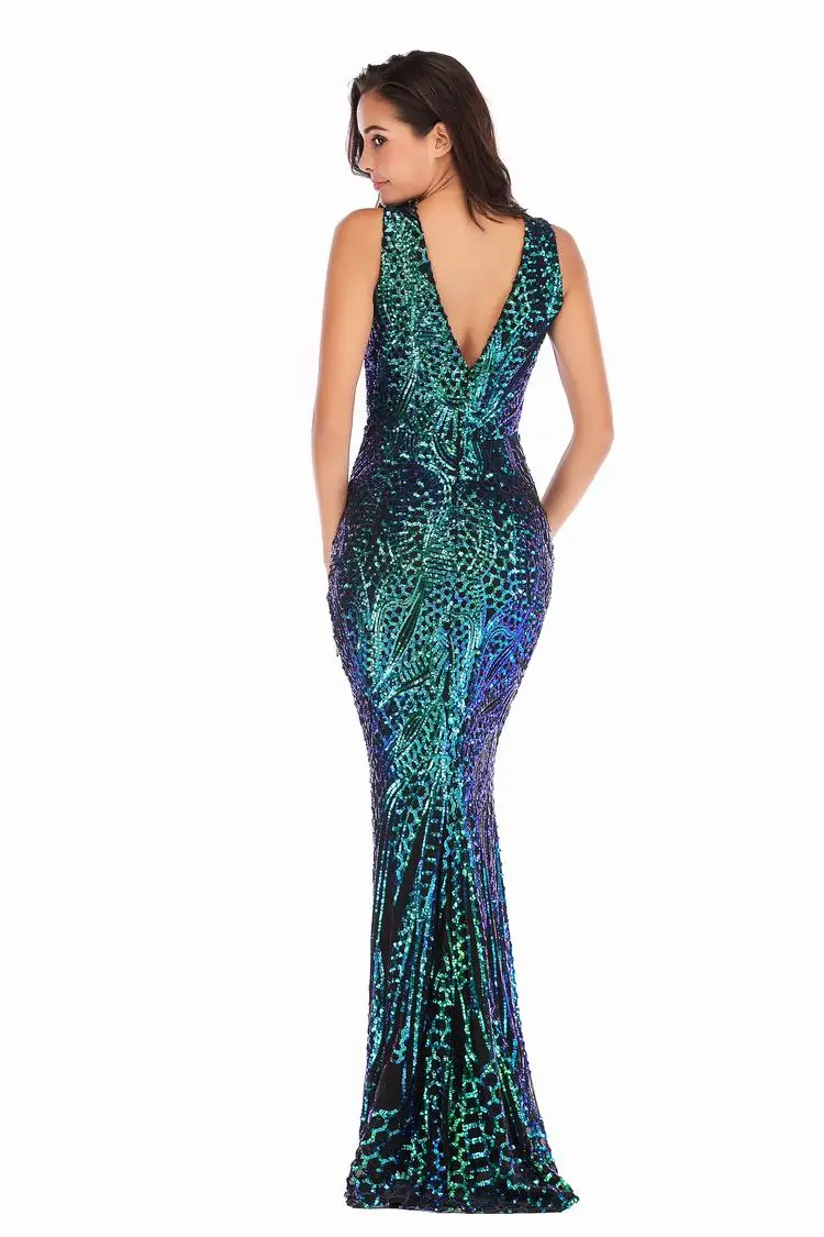2019 Female Apparel Sequins V-Neck Sleeveless Mermaid Dress Evening Gown