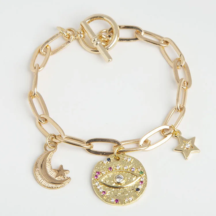

Alloy Fashion jewelry Plated Carabiner bracelet Curb-Chain Bracelet With Charms Of star/Disc micro inlaid eyes/moon