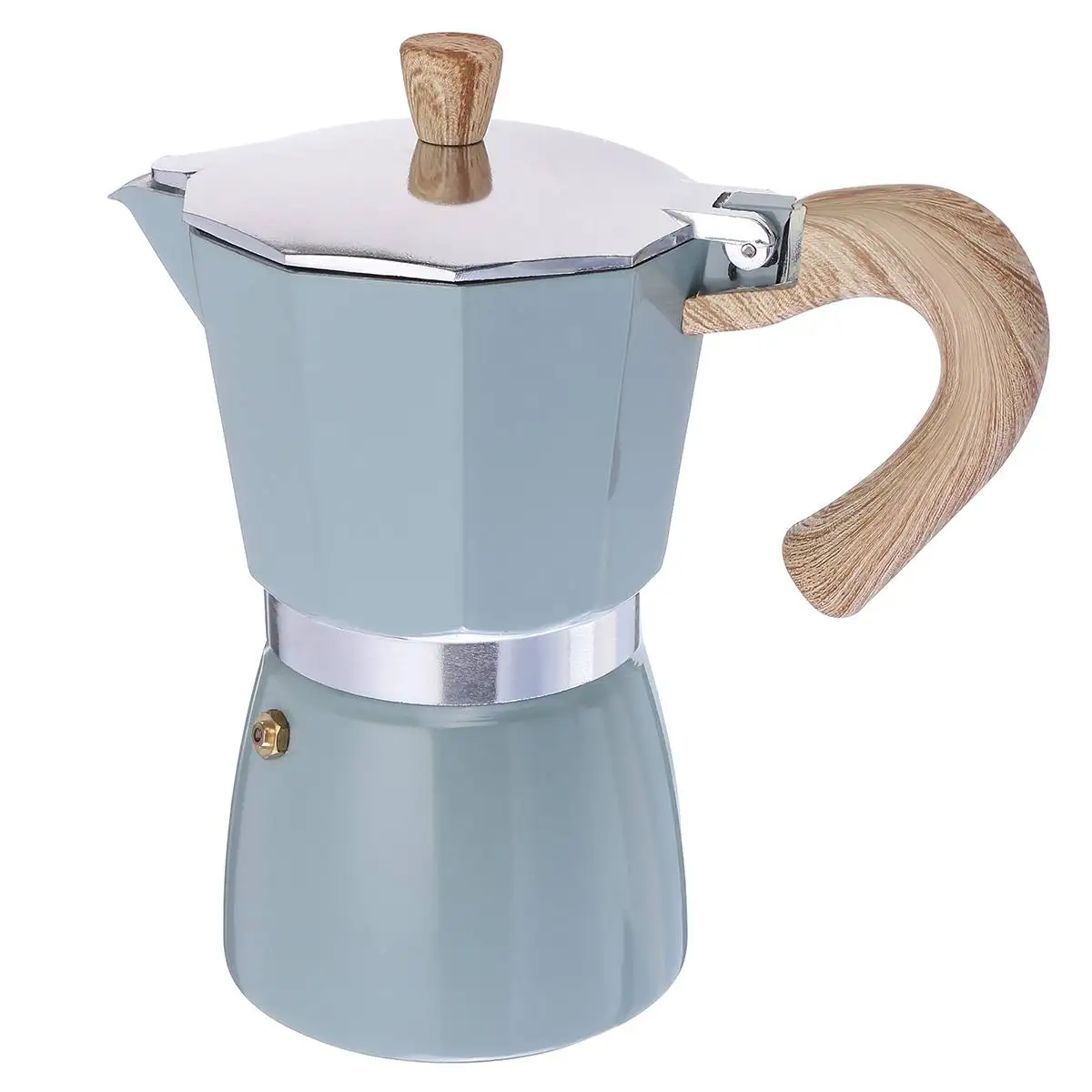 

Professional Customized Logo Coffee Maker Aluminum Stovetop Moka Pot with Wooden Handle, Blue or custom