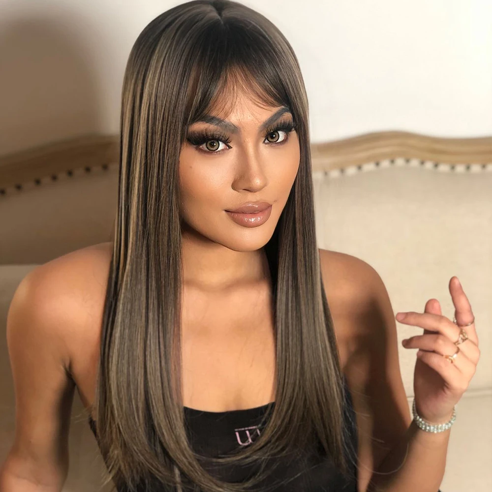 Black Gold Red Stripe Mixed Wig Straight Hair with Bangs Women Heat Resistant Fiber Soft Matte Durable Real Photo High Density