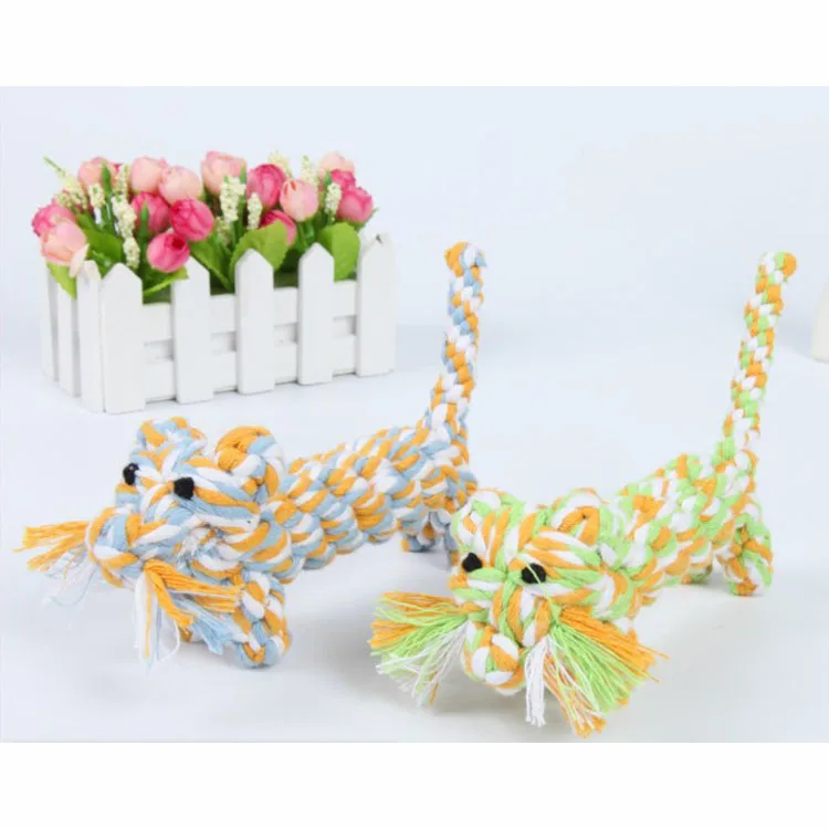 

2021 Popular Ecologic Puppies Supplies Cute Lovely Grey or Yellow Tiger Hand Weave Cotton Rope Pet Training Interactive Dog Toys