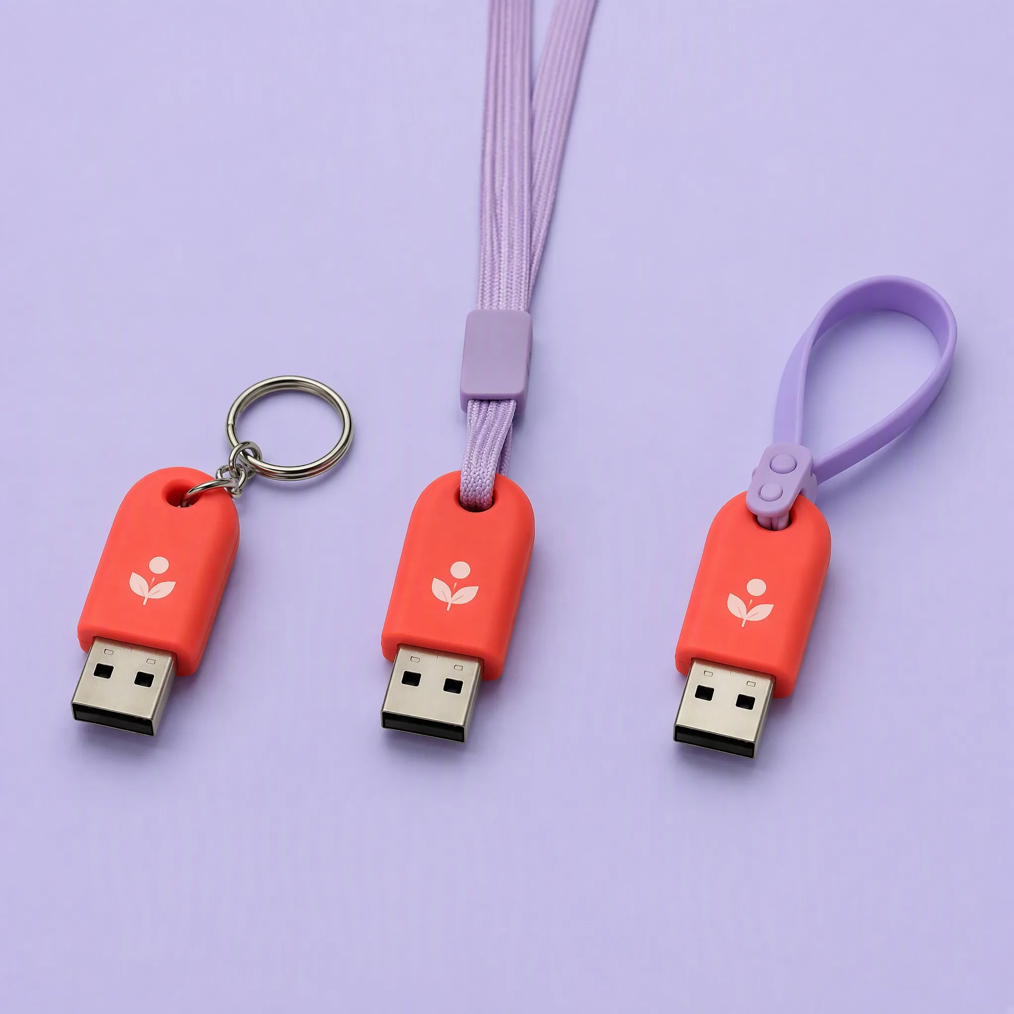 3-Way Attachment Trio: Steel Keyring, Long Woven Purple Neck Lanyard, and Short Silicone Wrist Strap