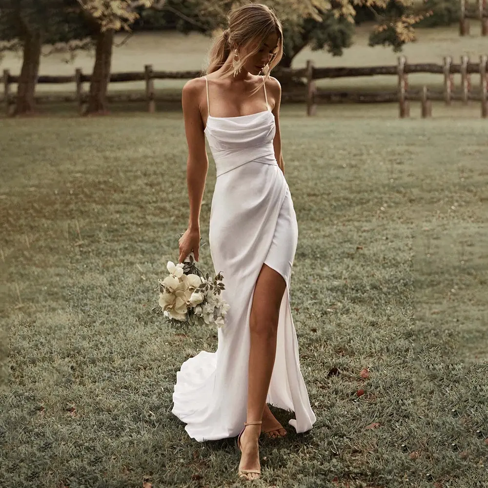 

13057#Spaghetti Straps High Slit Elegant Sleeveleses Backless Ruched Wedding Dress Mermaid Sweep Train Soft Satin Bridal Gown