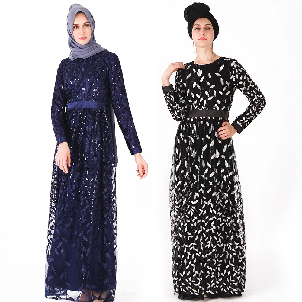 

Muslim women's Robe sequins leaves embroidered national costume Arab Women Abaya Arabic Maxi Dress