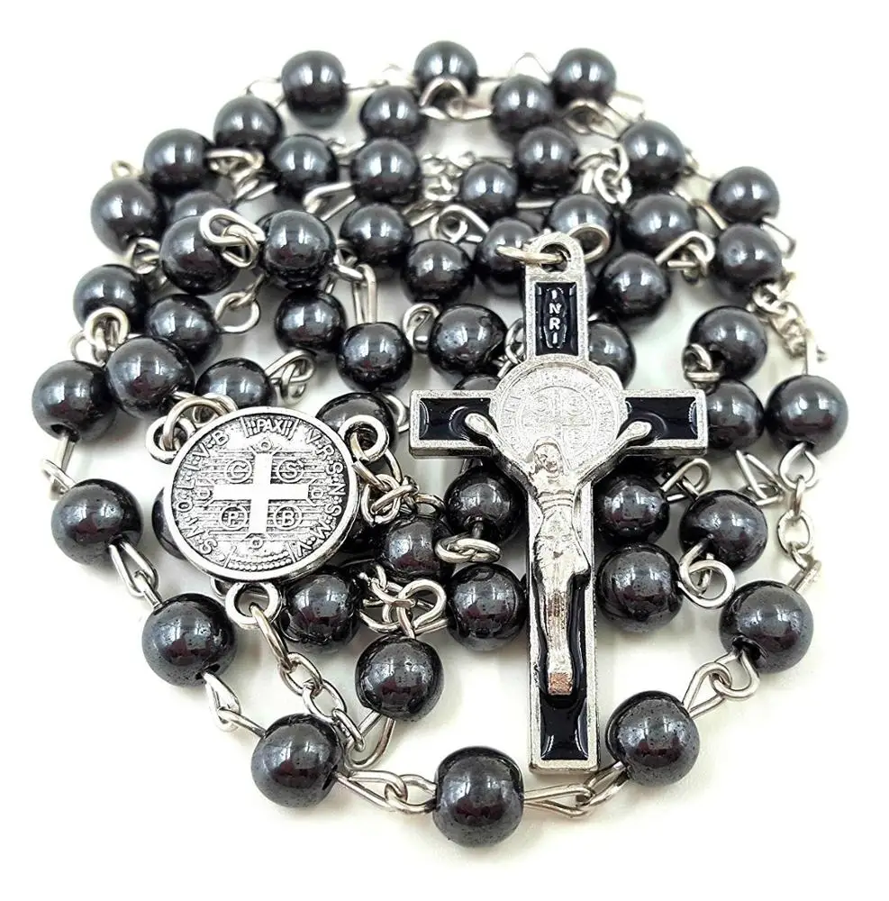 

Saint Benedict Medal & Catholic Cross Hematite stone beaded necklaces prayer beads Rosary, Antique silver