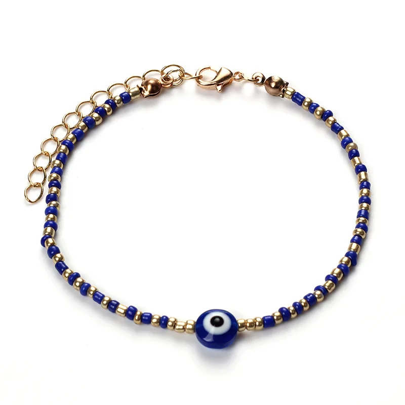 

18k Gold Plated Adjustable Chain Colorful Seed Beaded Evil Eyes Bracelet Blue Eye Beads Bracelet for Couple Jewelry