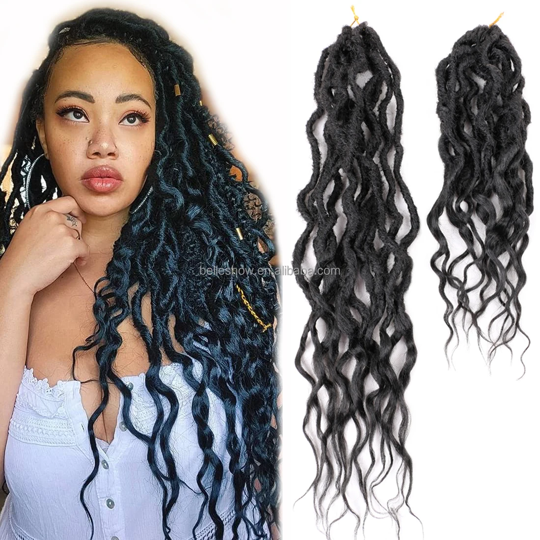 

16inch 24inch Goddess Locs Crochet Hair River Faux Queen Locs Wavy Crochet With Curly Hair Synthetic Braiding Extension Gypsy