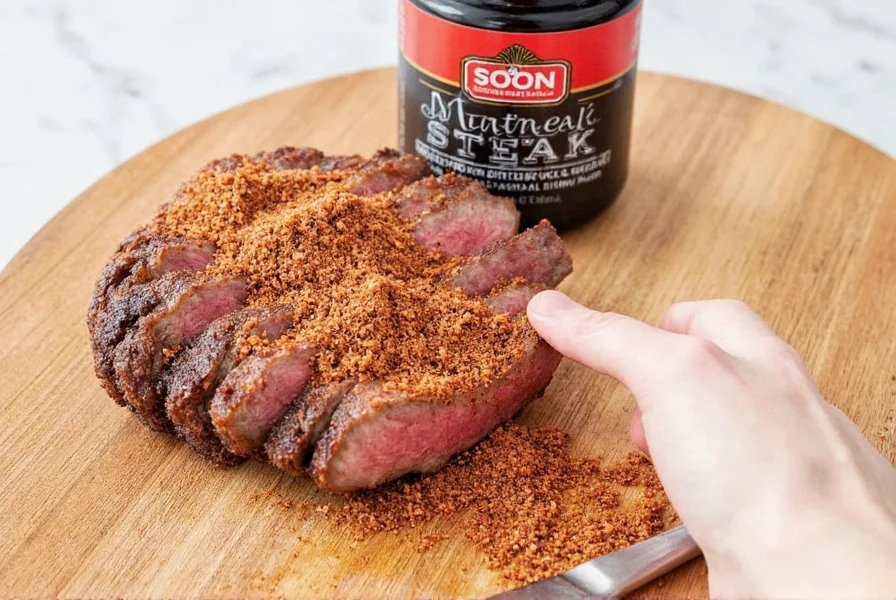 Steak with Montreal seasoning resting on a plate