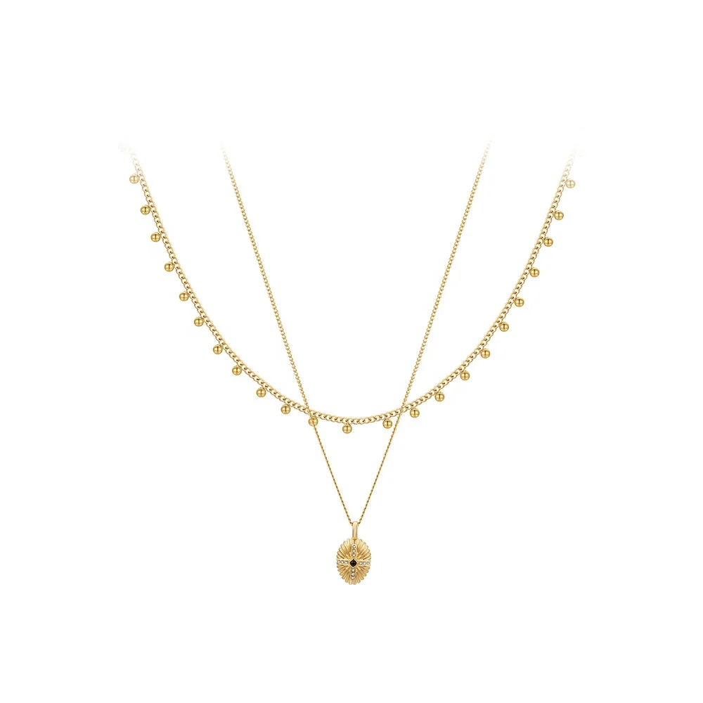 

Latest 18K Gold Plated Stainless Steel Jewelry Beaded Choker Double Chain Stripe Oval Cross Zircon Pendant Necklace P233379