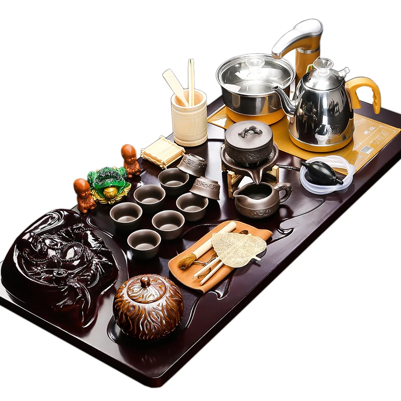 

Wholesale full completed Chinese style Ceramic Kung Fu tea set wooden tea tray purple sand tea cup with induction cooker, Picture
