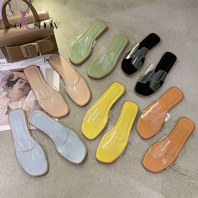 

fancy cheap solid PVC upper clear slippers wholesale women flat colorful slippers for ladies