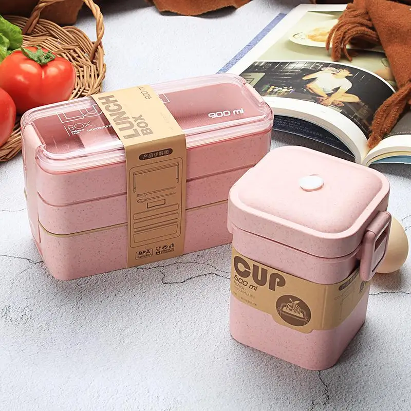 

3 Layer Portable Eco Friendly Lunch Box For Kids Wheat Straw Bento Box Food Container Lunchbox Food Box With Spoon Dinnerware