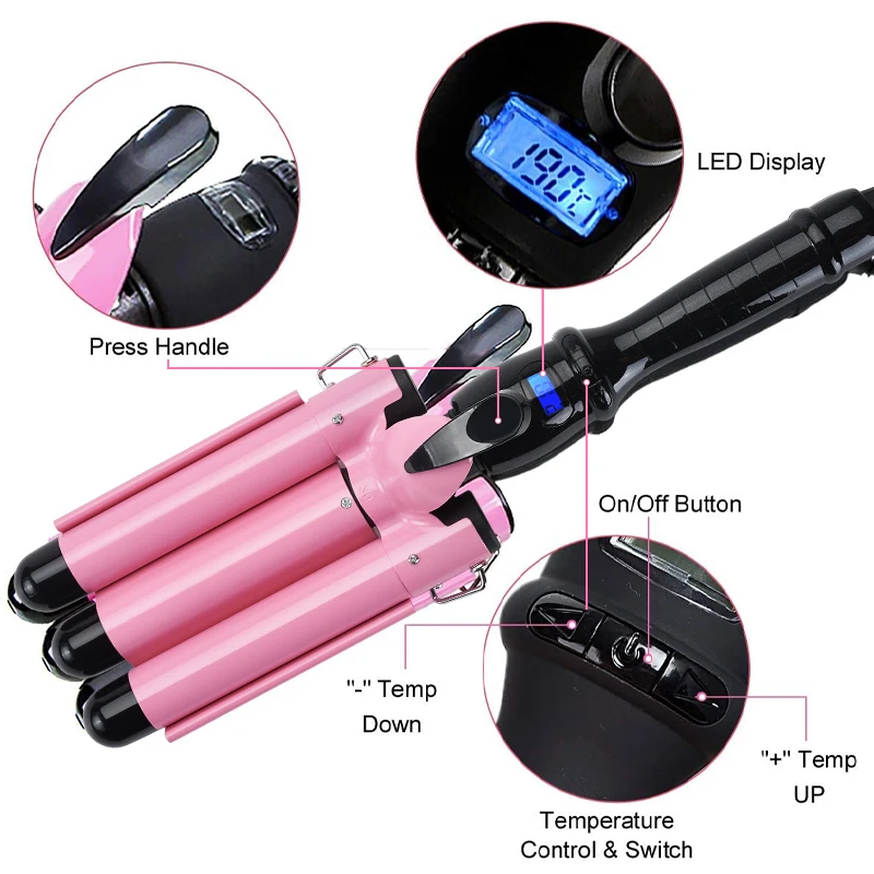 

Amazon Hot Sale Dropshipping Hair Style Machine Electronic Hair Curler Pink Heat 3 Barrels Hair Curler Iron