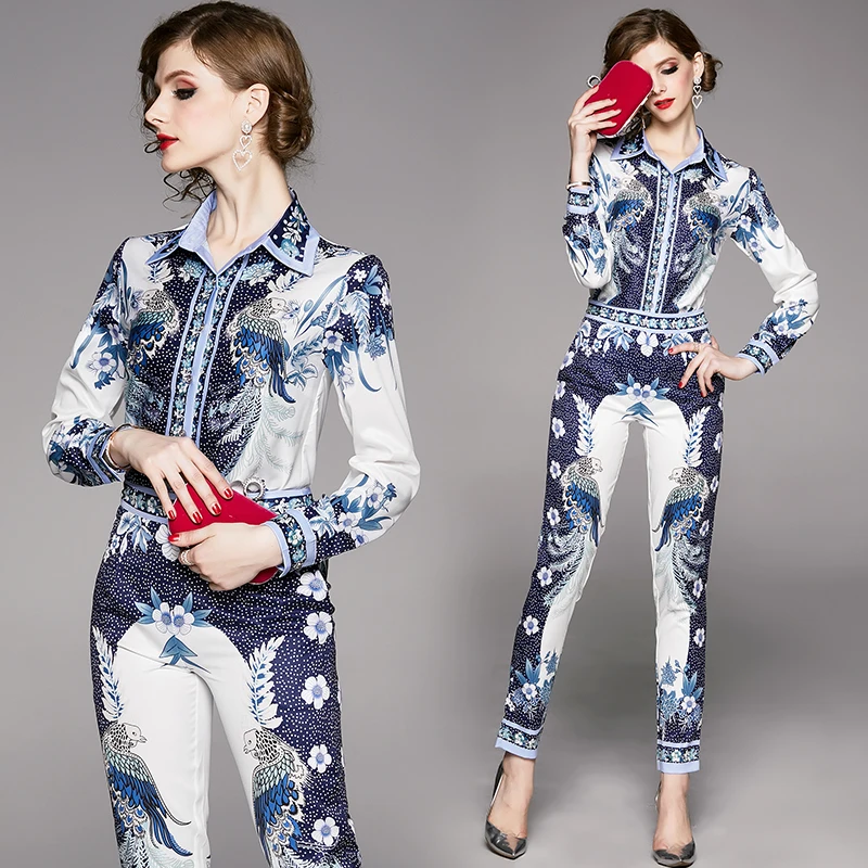 

2021 new blue floral print turn down neck full sleeve elegant blouses with long pencil pants 2 piece set women fashion clothing