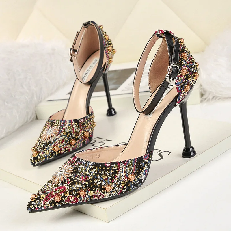 

2021 Spring Autumn Women Pumps Sexy Black Gold Silver High Heels Shoes Fashion Luxury Rhinestone women's dress shoes, As picture