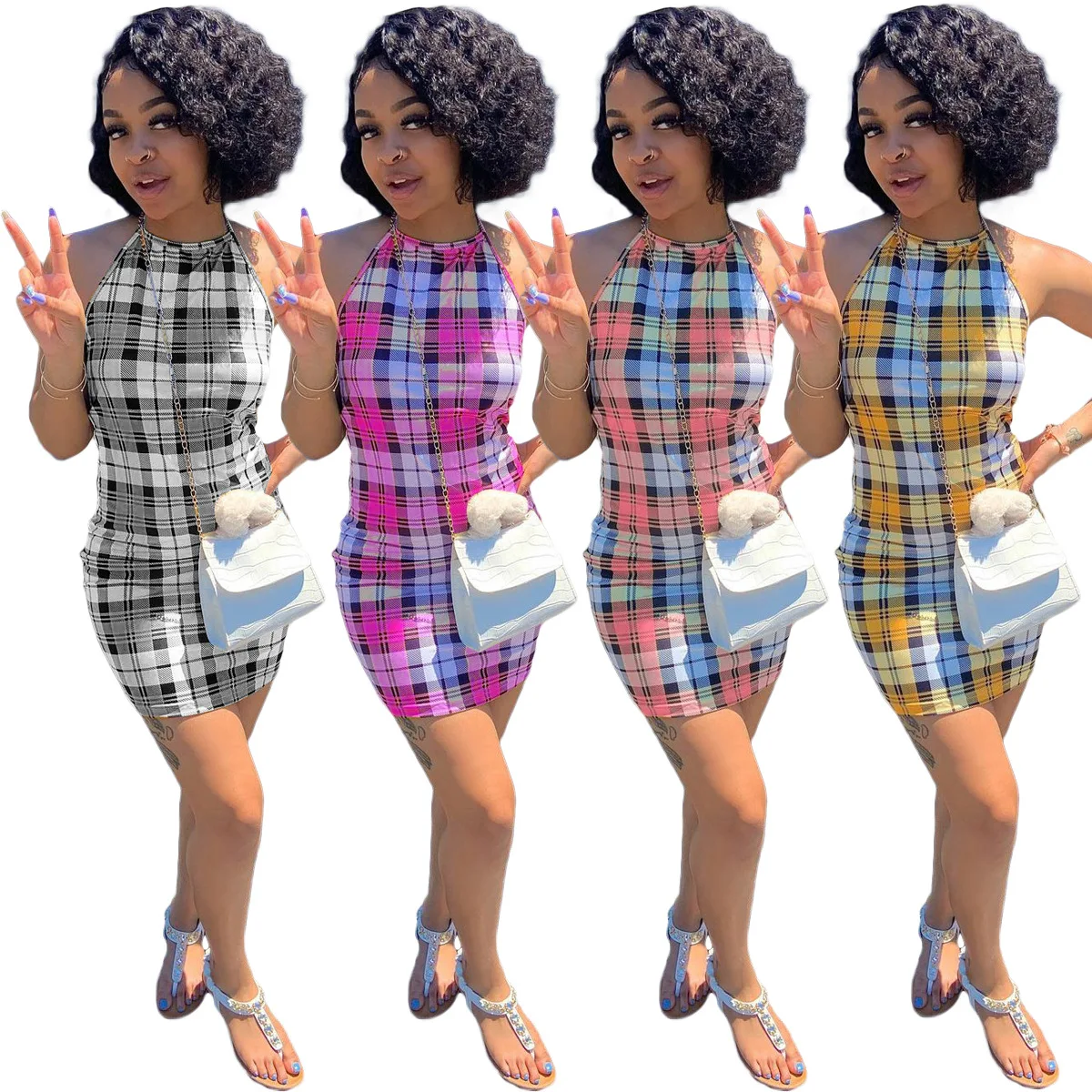 

Casual sexy 4 colors fashion halter neck printed open back plaid plus size dress