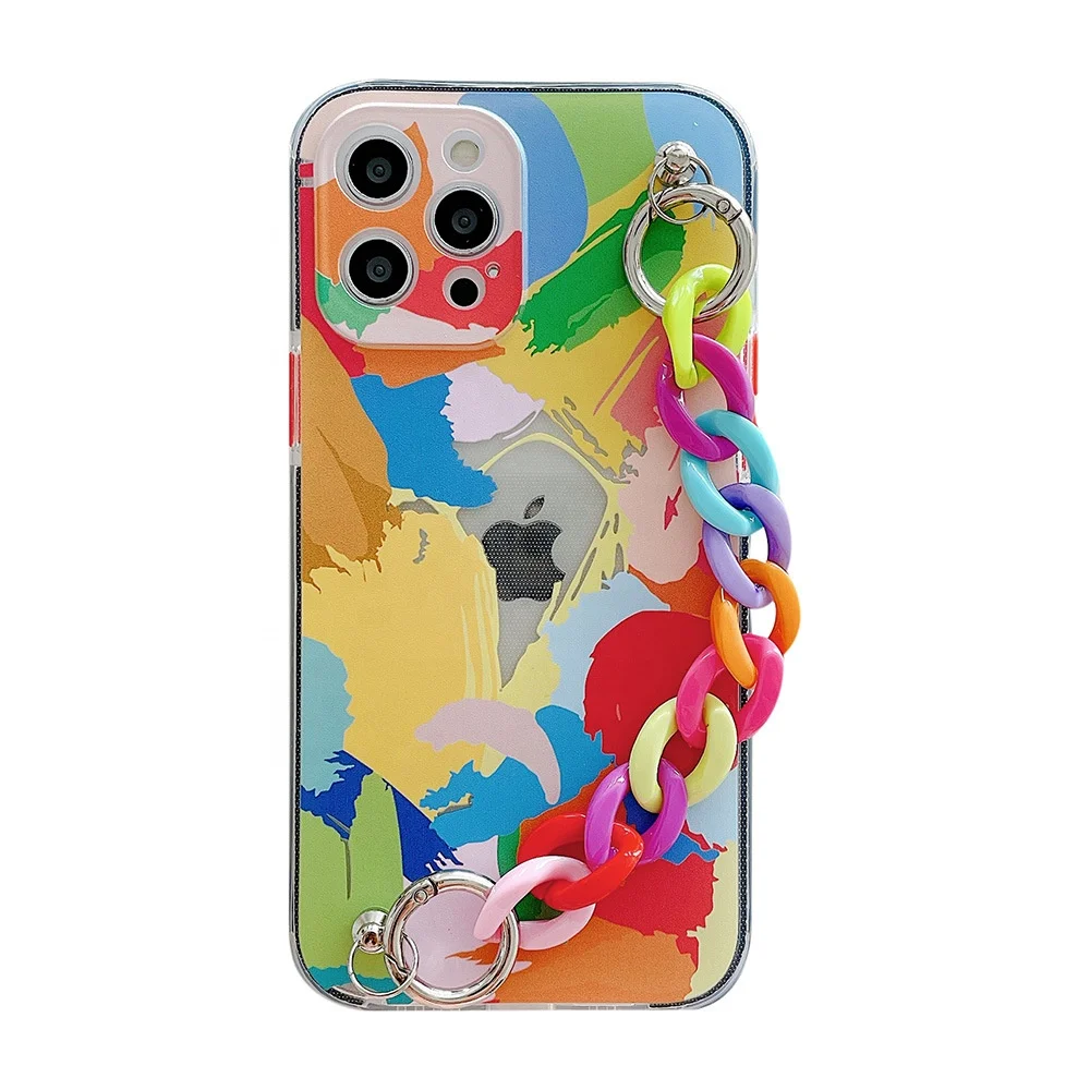 

Personalized Graffiti Art Phone Case with Hand Strap Chain Soft TPU Cute Cover for iPhone 12 11 Pro Xr Xs Max 8 7 Plus, Colorful