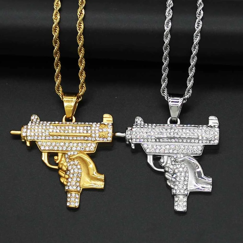 

Hip hop stainless steel bling crystal uzi gun pendant necklace, As picture shows