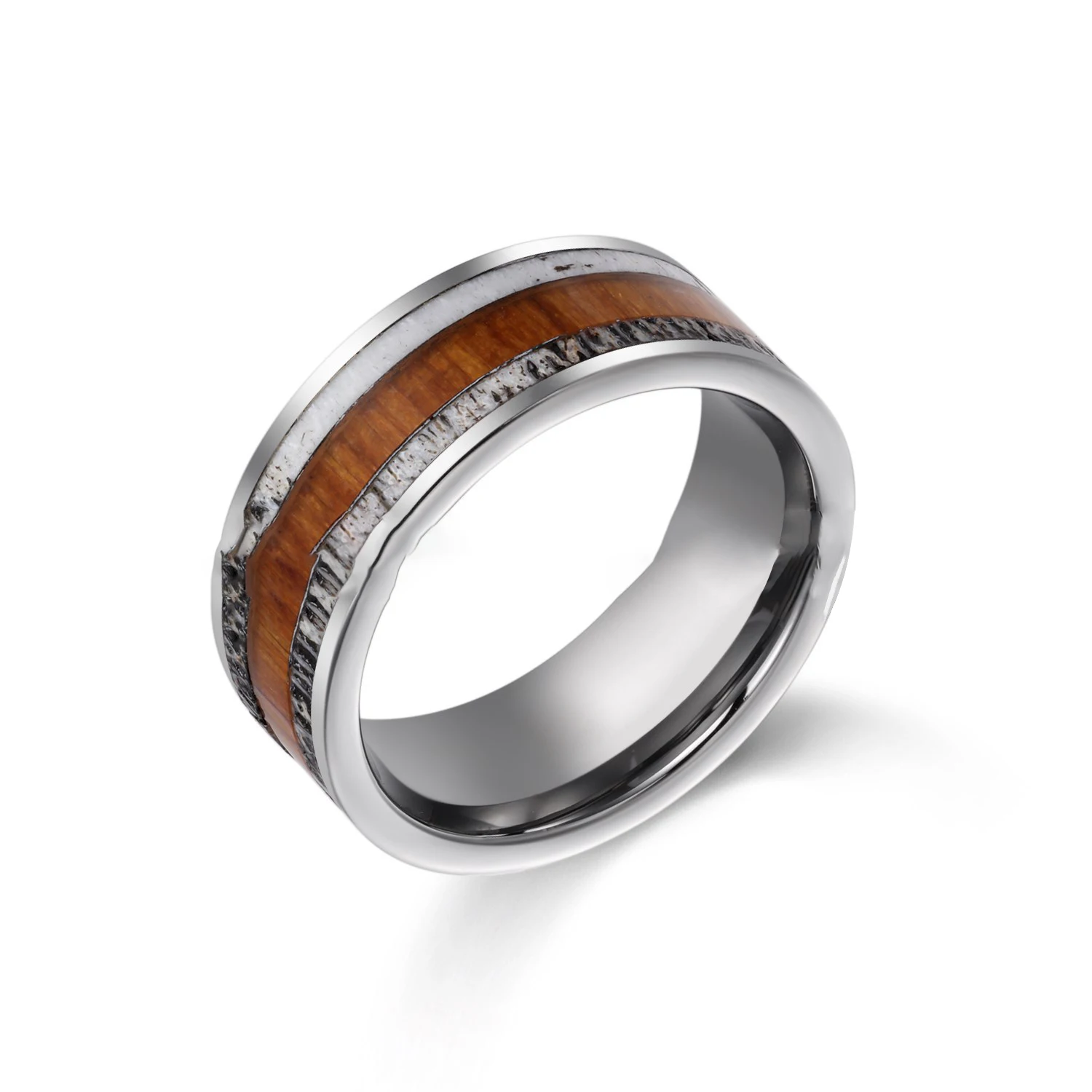 

Hot Sale Men's Velvet Antler Veneer Wood Inlay Tungsten Wedding Band Ring Custom Stainless Steel Plated Wood Rings For Men