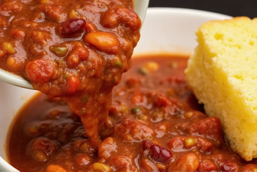 Close-up of Great Value chili poured into a bowl with cornbread on the side showing texture and color