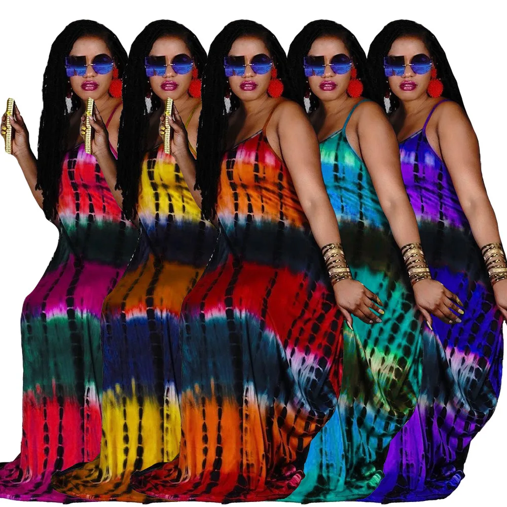 

Wholesale Custom Summer 2021 Women Spaghetti Strap Casual Maxi Tie Dye Plus Size Dress, As the picture or accept color custom