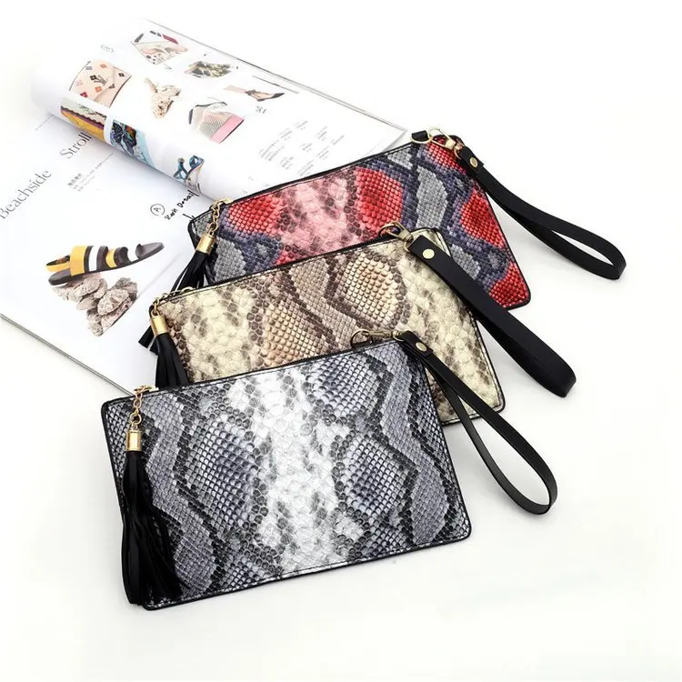 

2021 New Style Handbag Large Capacity Snake Print Envelope Bag Coin Purse Women Soft Waterproof Zipper Wallet Wristlet Clutch