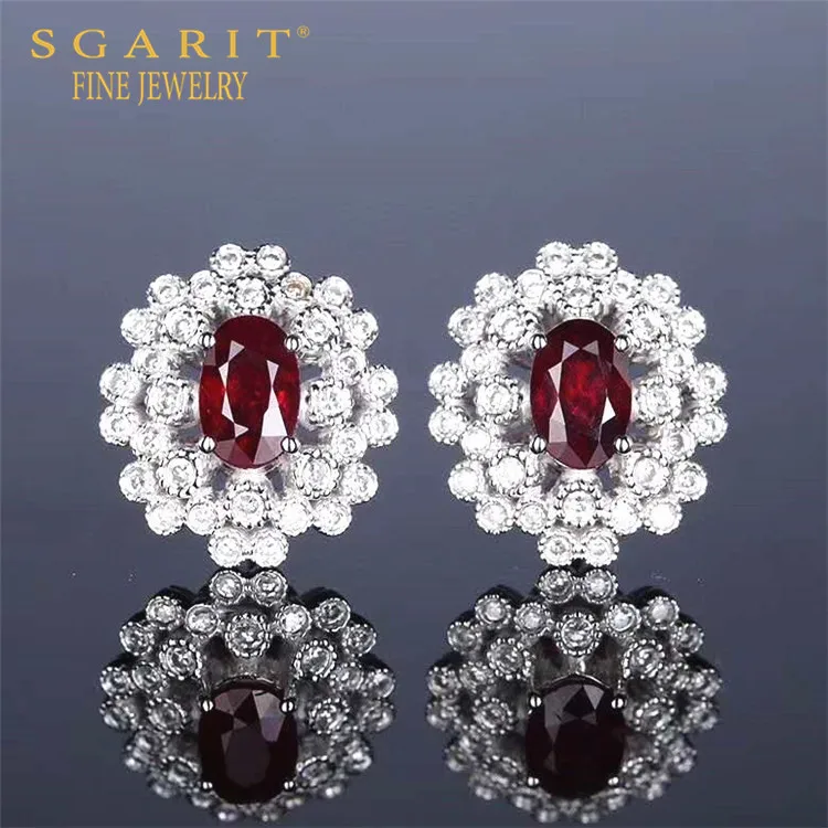 

SGARIT hot sale 18k gold women stud beautiful flower eardrop 1.54ct natural unheated pigeon blood red ruby stud earring