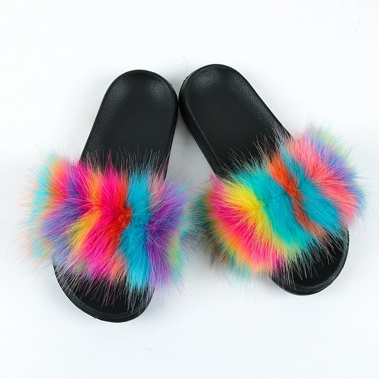 

Quick Shipping Wholesale Custom Logo Color Plush Eva Sole Indoors Furry Raccoon Fur Slippers Fur Slides Woman, Custom color