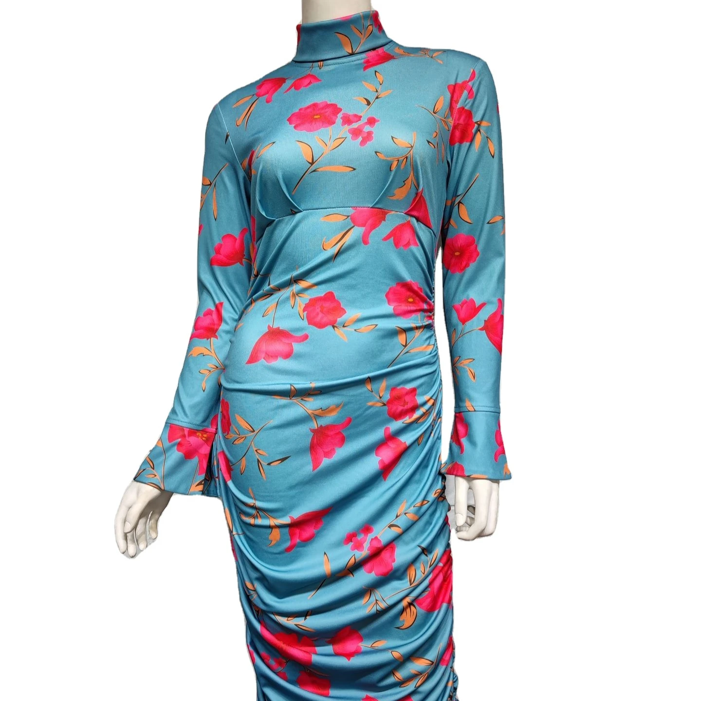 

2261 MuslimQLO America best selling printed midi skirt high waist pleated women elegant summer dress 2022 casual sexy dresses, Blue