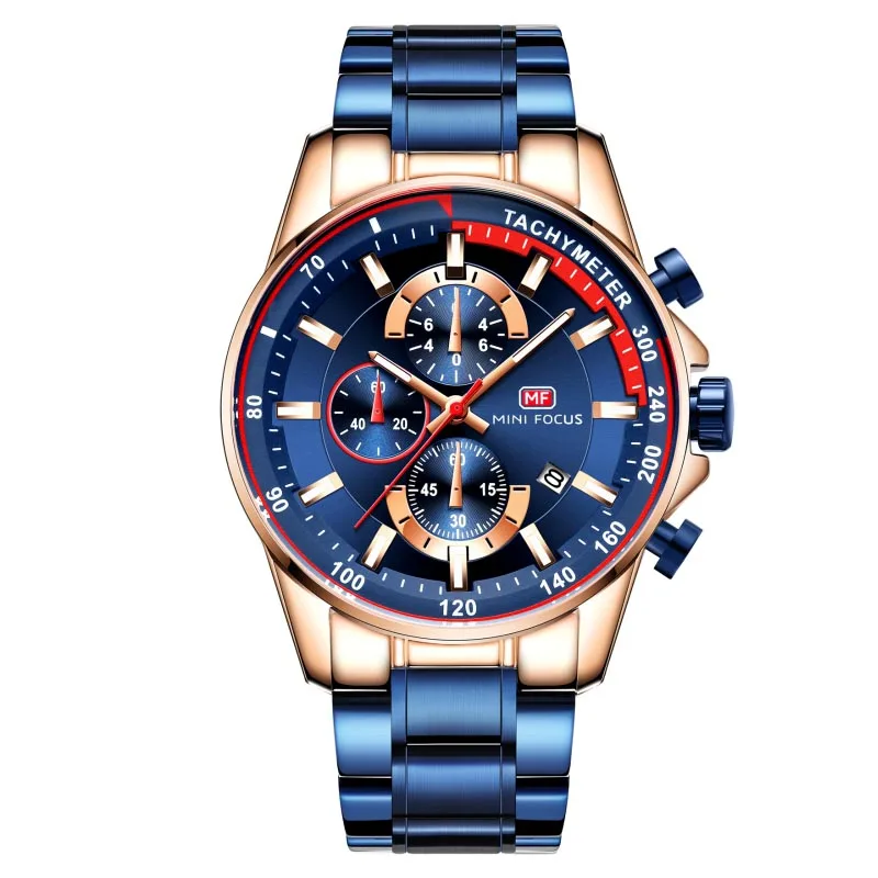 

MINI FOCUS MF0218G Fashion Chronograph Quartz Watch Men Clock Metal Straps Waterproof Sports Men's Watches Top Brand Luxury, Black, blue, gold, silver