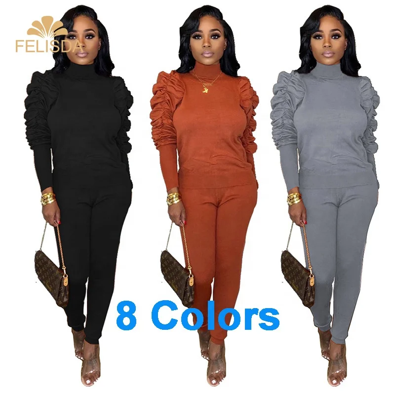 

FELISDA Solid Women Fashion Casual Two Piece Set Turtleneck Puff Long Sleeve Pullover Top Pencil Pants Tracksuit Female Clothing