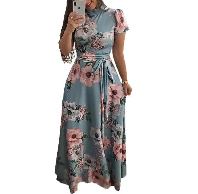 

Women clothes 2021 Long&Short Sleeve Ladies Dress Boho Floral Print Maxi Dress Turtleneck Bandage Elegant Casual Dresses, Customized color