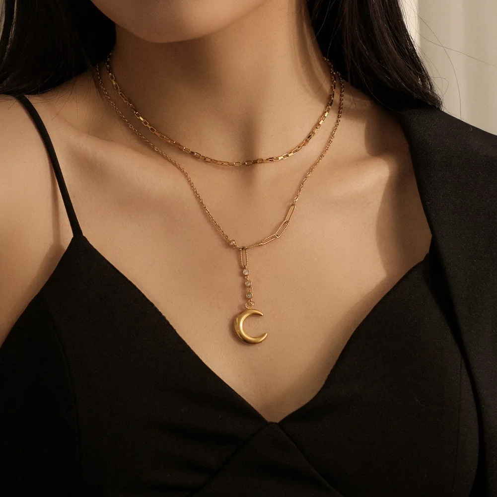 

Minimalist 18k Gold Plated Stainless Steel Double Layers Necklace Ins Titanium Steel Moon Pendant Necklace, Silver